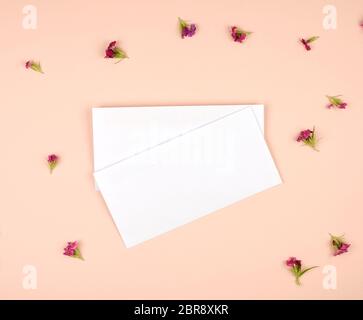 Deux enveloppes en papier blanche rectangulaire sur un fond beige avec des boutons de fleurs, vue du dessus, copy space Banque D'Images