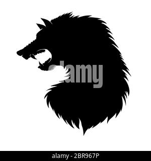 Silhouette de tête de loup-garou isolée sur fond blanc. Caractère de conte de fées de la mythologie ancienne. Animal fictif. Banque D'Images