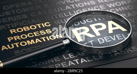 RPA, Accronym Robotique de l'automatisation de processus écrit en lettres dorées sur fond noir avec loupe. 3D illustration. Banque D'Images