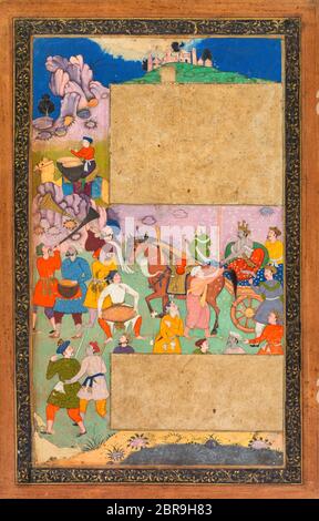 Un char étreignant à travers un paysage rocheux avec un entourage de footmen et de musiciens, page d'un Razm-nama (Livre des guerres) adapté du Sanskrit Mahabharata et traduit en persan par Mir Ghiyath al-DIN Ali Qazvini, connu sous le nom de Naqib Khan (Persan, d. 1614) par Yusuf Ali, 1616-1617, Art indien et d'Asie du Sud-est Banque D'Images
