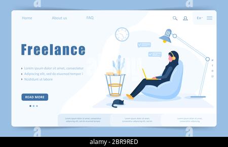 Femme freelance. Modèle de page d'arrivée. Fille arabe dans hijab avec ordinateur portable assis sur un sac de chaise. Illustration de concept pour travailler, étudier Illustration de Vecteur