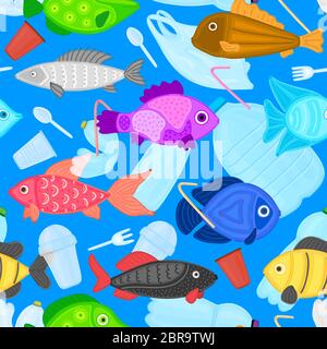 Motif vectoriel sans couture avec des poissons qui nachent parmi les ordures. Arrêter la pollution des océans en plastique. La vie marine menacée. Déchets dans l'eau. Déchets sous l'eau. E Banque D'Images