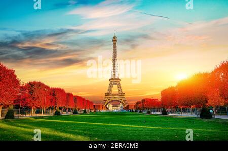 L'automne à Champs de Mars avec la vue sur la Tour Eiffel à Paris, France Banque D'Images