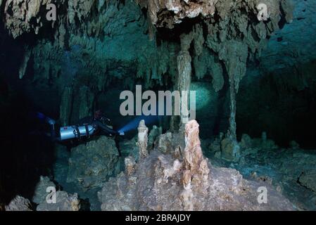 Plongeur technique Sidemount avec un chalumeau dans le cenote car Wash près de Tulum Banque D'Images