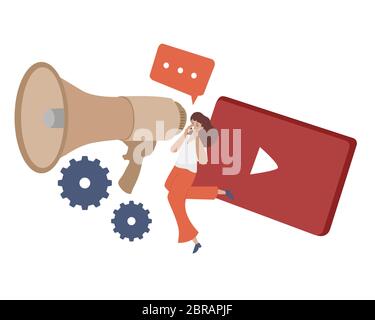 Femme promouvoir son entreprise par vidéo médias sociaux, le concept de marketing numérique dessin animé moderne plat. Illustration de Vecteur