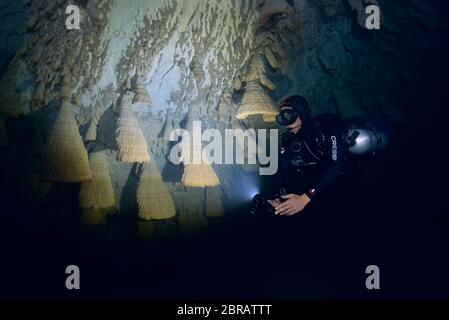 Le plongeur technique sidemount se balade le long du mur de Cenote Zapote, gouffre avec la magie des formations calcaires de Hells Bells au Mexique. Banque D'Images
