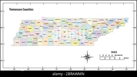 Carte vectorielle administrative et politique de l'État du Tennessee en couleur Illustration de Vecteur