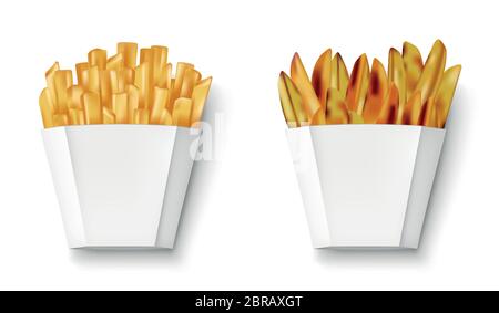 Pommes de terre frites et quartiers de pommes de terre dans une boîte en papier, isolés. Emballage blanc réaliste avec frites et pommes de terre en quartiers. Bannière de restauration rapide. Vector Illustration de Vecteur