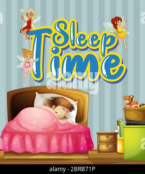 Affiche avec une petite fille dormant dans le lit et mot temps de sommeil sur l'illustration murale Illustration de Vecteur