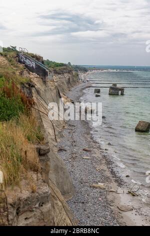 Côte de la mer Baltique allemande avec des dunes de sable, d'herbe, de l'eau et ciel bleu Banque D'Images