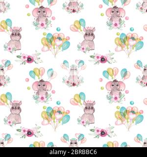 Motif sans couture de jolis animaux de bébé avec fleurs de ballons sur fond blanc. Imprimé éléphant pour enfants, Rhino, anniversaire Hippo Banque D'Images