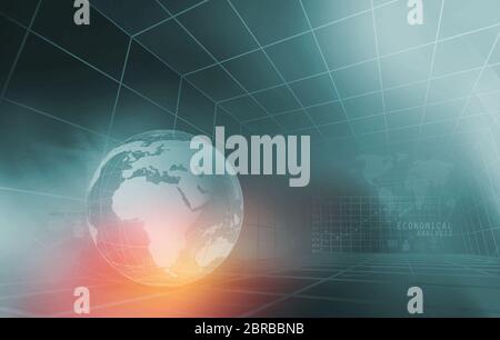 L'analyse économique globale graphique, au centre du Globe terrestre 3d des lignes de grille. Le Rendu 3D, 3d illustration Banque D'Images
