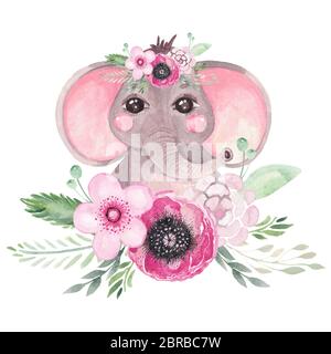 Un joli éléphant dans une couronne de fleurs. Affiche pour la chambre des enfants, douche bébé, art mural. Agencement botanique Banque D'Images