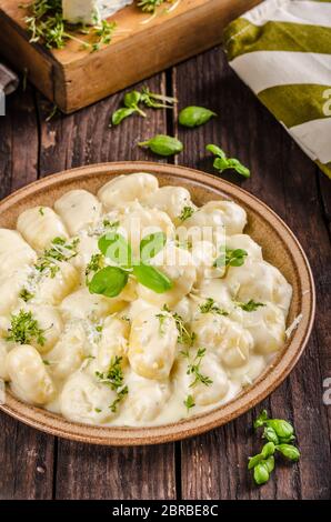 Gnocchi au fromage avec sauce au fromage bleu et galic, fines herbes sur le dessus, un délice food Banque D'Images