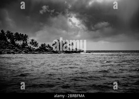 Scène de plage en noir et blanc parfaite. Coucher de soleil, silhouette de palmier à noix de coco avec chaises longues et parasol. Abstrait, artistique humeur d'été Banque D'Images