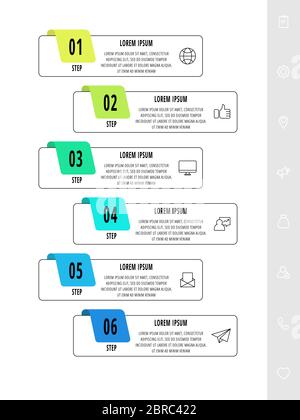 Modèle de conception d'infographies vectorielles avec icônes. Six étapes. Le concept de ligne moderne peut être utilisé pour les entreprises, le Web, les bannières, la mise en page de flux de travail, les présentations Illustration de Vecteur