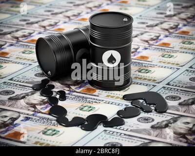 Barils de pétrole sur fond de dollars. Concept de hausse des prix du pétrole. Illustration 3D. Banque D'Images