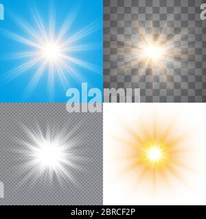 Effet de lumière phosphorescente, explosion, paillettes, étincelle. Set : un flash de soleil sur fond transparent, blanc, bleu. Illustration vectorielle. Illustration de Vecteur