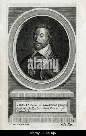 Thomas Howard (1585-1646), 14th comte d'Arundel, 4th comte de Surrey, et 1st comte de Norfolk, un mécène anglais des arts connus sous le nom de «comte de collectionneur». À la veille de la première guerre civile anglaise, en 1642, les sympathies catholiques romaines du comte le incitèrent à s’imposer en exil. Après avoir fait £54 000 dons à la cause du roi, il a terminé ses jours de vie dans une villa près de Padoue, en Italie. Gravure créée en 1700s après un portrait de Sir Anthony Van Dyck (1599-1641). Banque D'Images