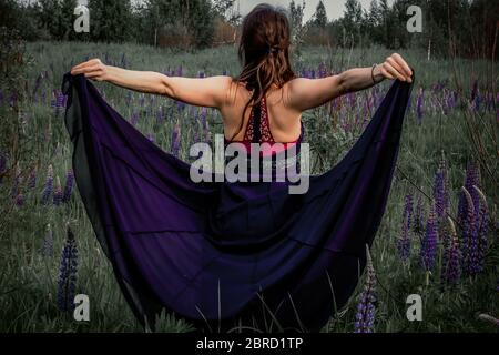 Une belle femme avec une couronne de fleur sur sa tête repose sur un champ de lupins en fleur lors d'une journée d'été ensoleillé. Photo teintée Banque D'Images