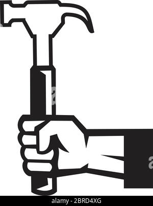 Icône noir et blanc Illustration d'un menuisier américain ou main de handyman tenant un marteau vu du côté sur fond blanc isolé fait dans Illustration de Vecteur