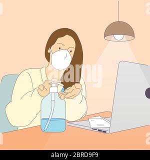 Femme travaillant à la maison sur un ordinateur portable et se désinfectante les mains. Covid-19 Illustration de Vecteur