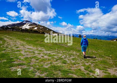 Marcheur féminin et le pic de Tarbésou, Port de Pailhères, Col de Pailhères, au-dessus d'Ax les Thermes, Ariège, Pyrénées françaises, Pyrénées, France Banque D'Images