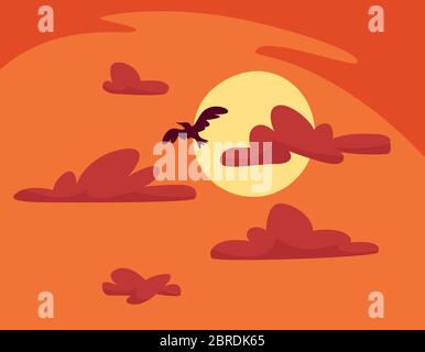 Nuages orange au coucher du soleil avec vecteur oiseau volant Illustration de Vecteur