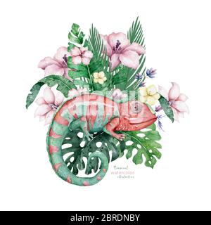 Caméléon Lizard avec fleurs tropicales dessin main aquarelle illustration isolée sur fond blanc Banque D'Images