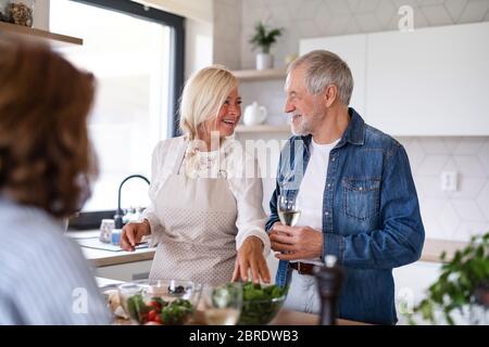 Groupe d'amis senior à dîner à la maison, cuisine. Banque D'Images