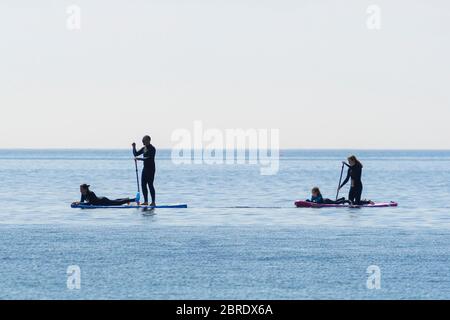 Lyme Regis, Dorset, Royaume-Uni. 21 mai 2020. Météo Royaume-Uni. Paddle-boarders sur l'eau à la station balnéaire de Lyme Regis à Dorset sur un chaud matin brûlant. Crédit photo : Graham Hunt/Alay Live News Banque D'Images