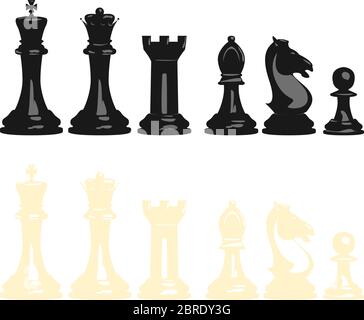 Ensemble d'illustrations vectorielles de pièces d'échecs, noirs et blancs, contient toutes les pièces: Roi, reine, tour, évêque, chevalier et pion. Illustration de Vecteur