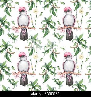 Motif sans couture pourriture rose et grise de cafatoo et illustration exotique florale, feuilles tropicales. Aquarelle dessinée à la main isolée sur fond blanc Banque D'Images