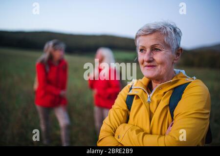 Des femmes âgées se promusent à l'extérieur dans la nature au crépuscule. Banque D'Images