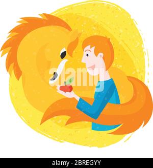 Illustration vectorielle avec un jeune homme donnant une pomme au cheval. Illustration de Vecteur