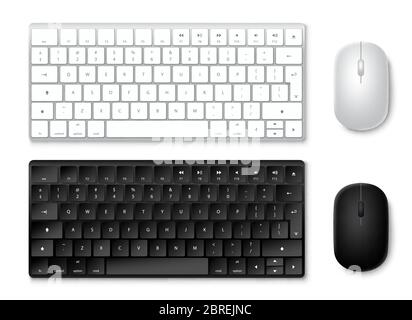 Jeu de vecteurs clavier et souris. Claviers et souris 3D réalistes en noir et blanc avec vue de dessus isolée en blanc. Illustration vectorielle. Illustration de Vecteur