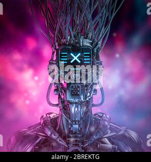 Portrait de gamer cyberpunk / illustration 3D du personnage de robot futuriste de science-fiction avec fond bokeh lumineux Banque D'Images