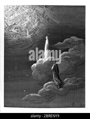 Paradiso ('Paradis' ou 'ciel') est la troisième et dernière partie de la Divine Comédie de Dante, après l'Inferno et le Purgatorio. C'est une allégorie qui raconte le voyage de Dante dans le ciel, guidé par Beatrice, qui symbolise la théologie. Dans le poème, le Paradis est représenté comme une série de sphères concentriques entourant la Terre, comprenant la Lune, Mercure, Vénus, le Soleil, Mars, Jupiter, Saturne, les étoiles fixes, le Primum Mobile et enfin, l'Empyrean. Il a été écrit au début du XIVe siècle. D'un point de vue allégorique, le poème représente l'ascension de l'âme vers Dieu. De la Divine Comédie par 14ème cent Banque D'Images