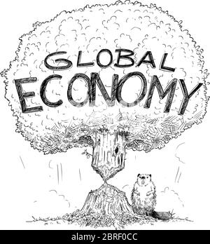 Dessin de dessins animés vectoriels illustration conceptuelle d'un arbre représentant l'économie mondiale affaiblie par la crise comme castor. Concept de crise financière, de dette ou de coronavirus dans le monde. Illustration de Vecteur