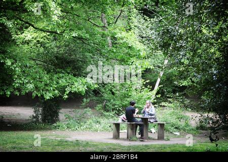 Endcliffe Park, Sheffield, pendant la phase d'alerte de la pandémie de coronavirus au Royaume-Uni. Cette phase est arrivée le 11 mai 2020, lorsque les gens où permettent de s'exqurendre dans les espaces ouverts autant de fois et aussi longtemps qu'ils le veulent. Ils pouvaient aussi faire du pcinic dans le parc et rencontrer une autre personne à l'extérieur de leur groupe familial. La ligne de guidage sociale de distance de 2 mètres existe toujours. Banque D'Images