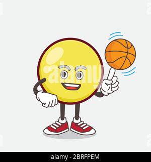 Illustration du personnage de mascotte de dessin animé d'Emoticon jaune avec un ballon de basket Illustration de Vecteur