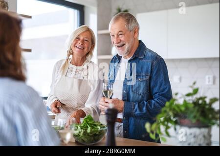 Groupe d'amis senior à dîner à la maison, cuisine. Banque D'Images