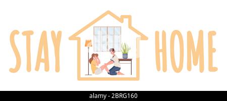 Modèle de bannière vectorielle rester à la maison. Illustration d'un dessin animé plat de pandémie de coronavirus, un jeune couple pratiquant le sport à la maison. Style de vie sain, yoga, fitness week-end détente à la maison concept de carte. Illustration de Vecteur