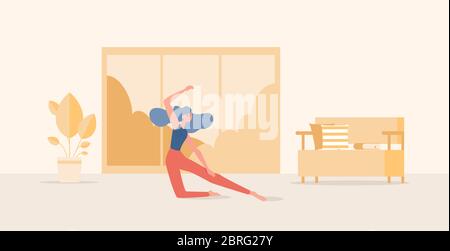 Jeune femme en vêtements de sport étirant et faisant des exercices de sport à la maison vecteur dessin animé plat illustration. Bonne fille faisant du yoga, de la forme physique, ou pilates dans la salle de séjour pendant l'épidémie de coronavirus. Illustration de Vecteur