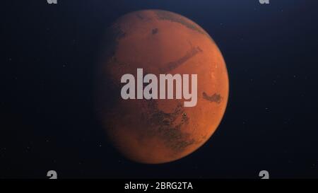 Rendu 3D de l'orbite martienne. Mars dans l'espace avec des cratères éclairés et des montagnes martiennes. Éléments de cette image fournis par la NASA Banque D'Images