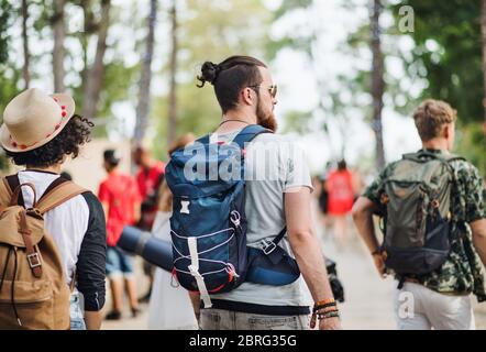 Vue arrière de groupe de jeunes amis au festival d'été, marche. Banque D'Images