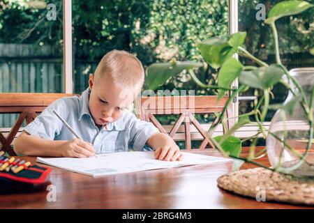 Petit enfant dessin dans un manuel à la maison, un garçon tenant le stylo et l'écriture. Plante de la monstère floue au premier plan. Concept de la scolarité à domicile. Banque D'Images