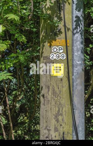 Panneau d'avertissement jaune sur le poteau du réseau téléphonique avertissement du câble à fibre optique aérien. Métaphore rural large bande, large bande dans les zones rurales, rural B/B. Banque D'Images