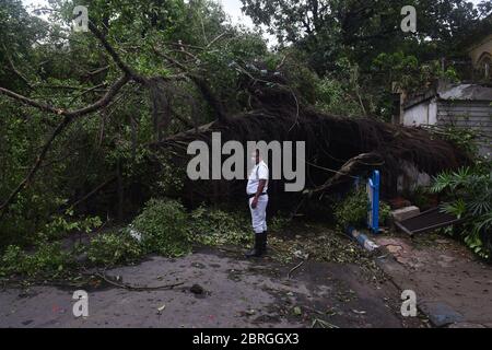 Calcutta. 21 mai 2020. Un agent de police de la circulation patrouille la zone touchée par la grave tempête cyclonique Amphan à Kolkata, en Inde, le 21 mai 2020. La ministre en chef de l'État indien du Bengale occidental, Mamata Banerjee, a déclaré jeudi que 72 personnes avaient été tuées dans son État en raison de la grave tempête cyclonique Amphan. La tempête cyclonique déclenchant des vents violents jusqu'à 190 km/h et la pluie battue le Bengale occidental et la côte d'Odisha mercredi soir, égalisateur des maisons de fortune et déracinant des poteaux électriques et des arbres. Crédit: STR/Xinhua/Alay Live News Banque D'Images