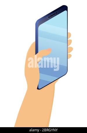 Tient le smartphone avec un écran vierge.téléphone portable isolé à la main sur fond blanc. Modèle, mise en page pour l'insertion d'informations. Utilisation d'un smartphone Illustration de Vecteur